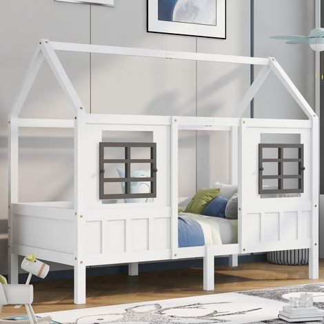 Lit enfant 90x200cm maison avec fenêtres décoratives bois cadre Blanc (Sans matelas) (1/5)