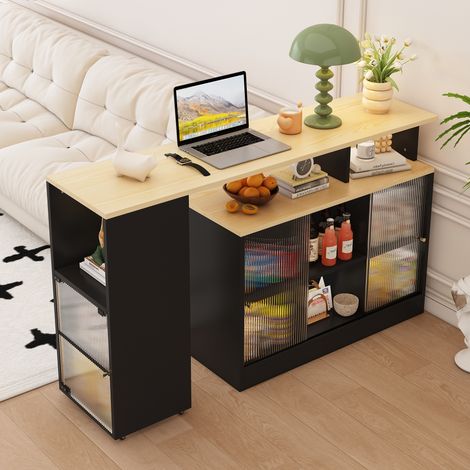 Table de bar extensible avec espace de rangement, table de bar moderne et mobile, table de bar haute et pivotante, noire. (1/5)