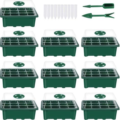 Lot de 10 plateaux de semis (12 unités par plateau) avec couvercle et base en dôme réglable et kit d'outils manuels pour l'étiquetage des plantes, mod (1/5)