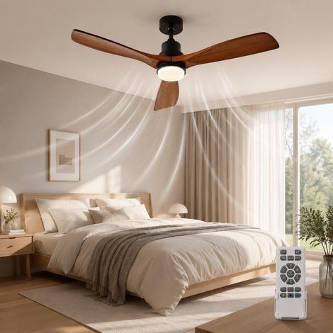 Ventilador de techo de 132 cm con luz y mando a distancia, motor CC silencioso, 3 aspas, 6 velocidades, temporizador, modo verano/invierno para dormitorio (negro). (1/5)