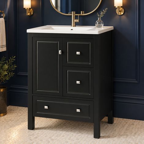Mueble de baño con lavabo de cerámica 62 x 47 x 90 cm, negro, MDF, 3 cajones y 1 puerta OKMYHOME (1/5)