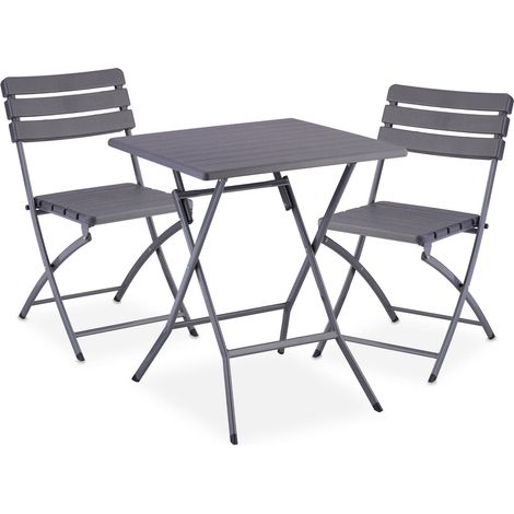 Relaxdays Balcony Furniture Set, 3-piece, 1 table & 2 Chairs, Foldable, Garden Set in Wood Look, Steel & Plastic, Grey (1/5)