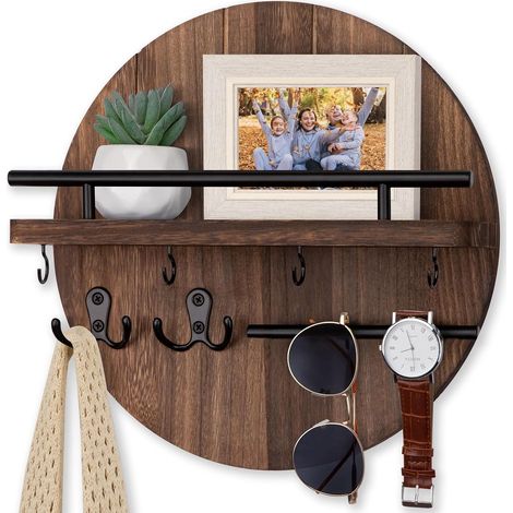 Portachiavi da parete, mensola da 30 cm con ripiano e 8 ganci, portaposta rustico, appendiabiti circolare in legno per ingresso, corridoio, cucina (marrone) (1/5)