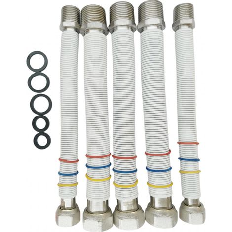 Kit blister flessibili inox con rivestimento bianco per allacciamento caldaia e scaldino 220-420 mm (2 flessibili 1/2" acqua - 2 flessibili 3/4" acqua - 1 flessibile 3/4" gas) (1/2)