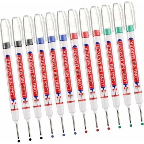 Marqueurs Trou Profond, 12pcs Marqueur Charpentier, Stylo Marqueur Indélébile à Pointe Longue de 20 mm, Marqueur de Precision Chantier (Noir Bleu Rouge Vert) (1/4)