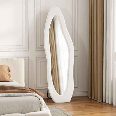 Miroir sur pied asymétrique 160x50 cm - Miroir corps entier design ondulé avec revêtement flanelle - Blanc (1/5)