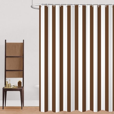 Rideau de Douche, 165x180cm, Brun et Blanc Minimalisme Moderne Rayures Verticales Tissu Pmperméable Machine Lavable Rideau de Salle de Bain avec Crochets (1/5)