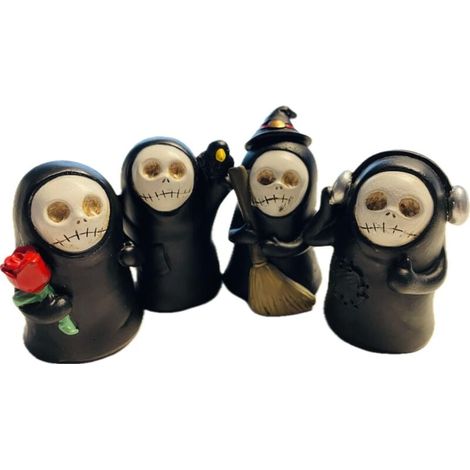 Ensemble de 4 figurines décoratives d'Halloween - Mini figurines de la Faucheuse noire - Images mignonnes de la Faucheuse - Décoration de bureau, figurine de collection, idée cadeau, style gothique (1/4)