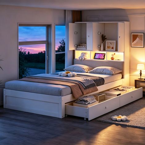 Cama individual multifuncional 90 x 200 cm con cabecero acolchado, LED y enchufe, blanca (1/5)