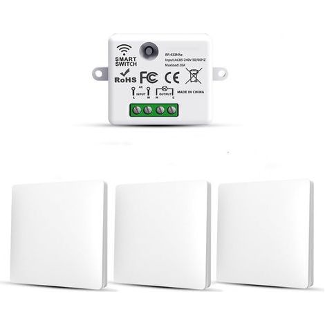 Lot de 3 interrupteurs d'éclairage sans fil RF433 – Émetteur et récepteur 10A 240V – Installation facile sans câblage – Longue portée (1/5)
