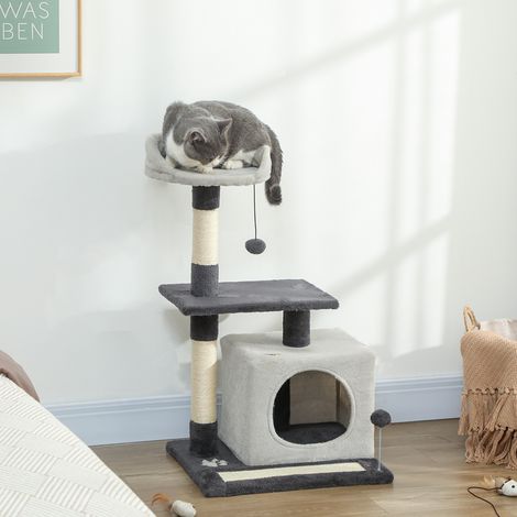 Gris clair - Griffoir chat 85 cm, abri, lit supérieur, balle, poteaux sisal, tapis griffe