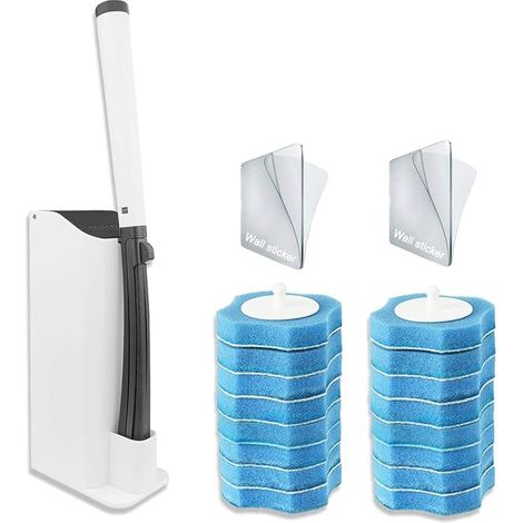 Kit de brosse WC jetable avec support mural Système de nettoyage de toilettes jetable avec 16 têtes de rechange pour brosse WC (1/5)