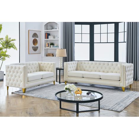 Pour amateurs de déco chic : assise confortable, canapé 2 places en velours capitonné avec pieds dorés (1/5)
