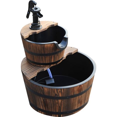 Fontaine en bois, fontaine de jardin extérieure, bassin décoratif, ornements, pompe, fontaine d'intérieur, point d'eau, fontaine pour jardin, terrasse, pelouse, 44,5 x 44,5 x 58,5 cm, marron foncé (1/5)