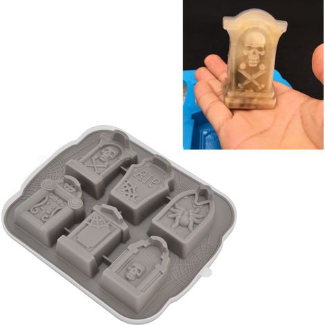 Graue Silikon-Eiswürfelform mit 6 Fächern in Form eines Grabsteins – Gruselige und unheimliche Eiswürfelform für Halloween-Kuchen (1/5)