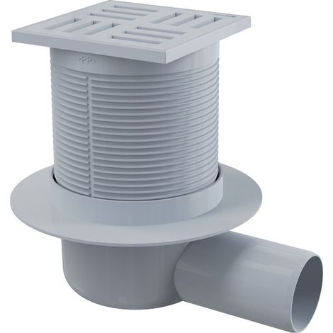 Rejilla de desagüe 105x105/50 mm, salida lateral, rejilla gris, sifón húmedo (1/2)