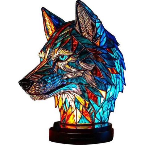 Lampe de table animal en résine teintée, veilleuse de bureau rétro, cadeau de Noël, loup (1/2)