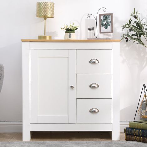 FURNITURE HMD Multi Storage Cabinet Free Standing Unit 1 Door 3 Drawer Sideboard Cupboard- White+Oak,79x35x81cm(WxDxH) (1/4)