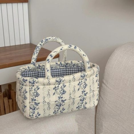 Panier de rangement vintage à motif floral avec poignée, portable, pour la maison ou la chambre (1/5)