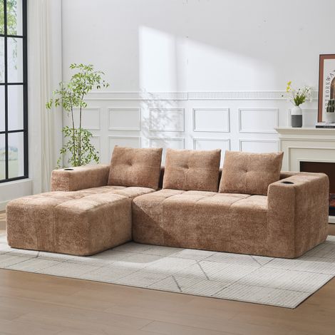 Canapé d’angle en L 258 cm avec 3 coussins - Assise à ressorts - Sofa confortable pour salon et appartement - Brun clair (1/5)