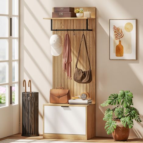 Mueble de entrada 5 en 1: perchero, banco zapatero plegable, estante y 4 ganchos. Medidas: 60 x 30 x 170 cm. Acabado en roble. (1/5)