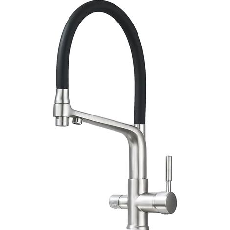 Grifo de cocina, construcción de latón, diseño de doble caño, níquel cepillado A (1/2)