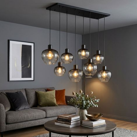 Suspension LED, lampe de salle à manger à 8 ampoules, verre fumé, H 120 cm (1/5)