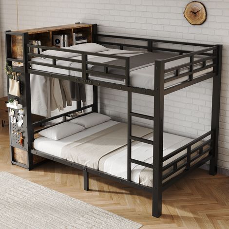 Etagenbett 234x126x177 cm, mit Stauraum, Kleiderstange, Schublade, Metall und Holz, Schwarz und Dunkelwalnuss (1/5)