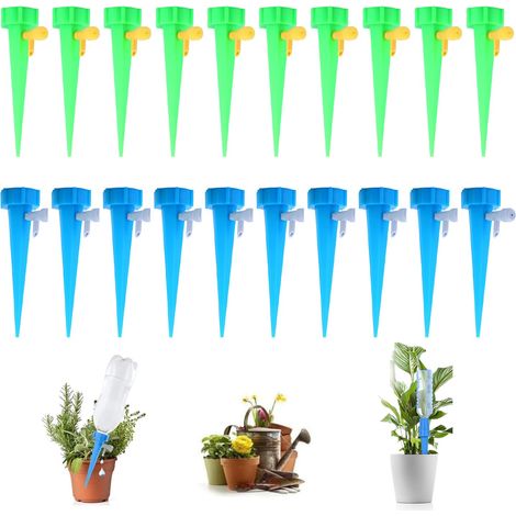 Lot de 20 pics d'arrosage automatiques - Compte-gouttes réglables pour le jardin et les plantes d'intérieur - 10 bleus et 10 verts - Système d'irrigation pour l'intérieur et l'extérieur (1/5)