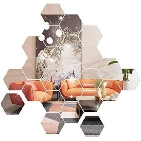 Lot de 36 miroirs autocollants muraux hexagonaux en acrylique pour décoration de salon, chambre à coucher (Argent) (1/4)