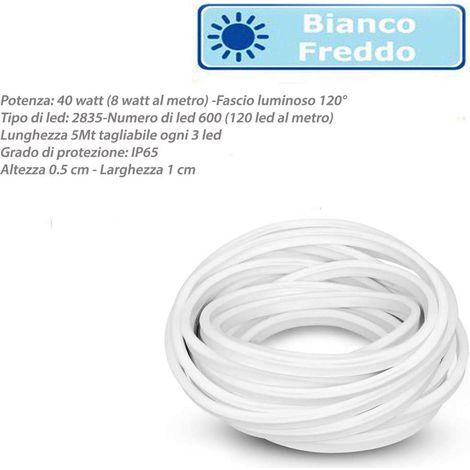 Strip led neon flex striscia curvabile modellabile 600 led decorativa 5 metri luce fredda 6500K ip65 waterproof (1/4)