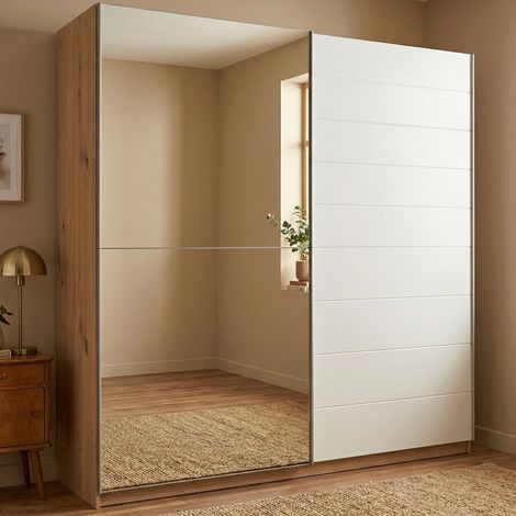 Großer Kleiderschrank Valsinni, Schlafzimmer Schrank mit Kleiderstange, 8 Regale, Schiebetüren, 217x210h cm Weiß (1/5)