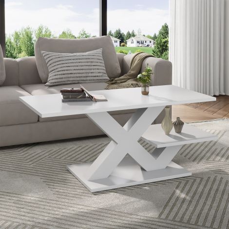 Tavolino rettangolare bianco, doppio piano di lavoro, finitura lucida, tavolino laterale, tavolino da divano, tavolino da soggiorno in MDF, gambe geometriche a X, portata massima 10 kg, 100x48x45cm (1/5)