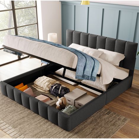 Lit double rembourré moderne 140x200 cm en lin gris, tête de lit réglable et coffre de rangement avec sommier à lattes (1/5)