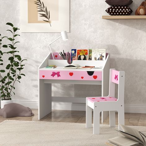 Schreibtisch- und Stuhlset für Kinder ab 3 Jahren mit ausziehbarer Schublade und Fach, rosa und weiß (1/5)
