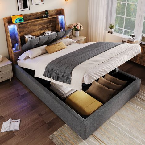 Seyakany - Lit simple capitonné 90x200 cm, lit coffre - Rangement rabattable, ports USB-Typ C, LED double côté, cadre MDF - Gris (1/5)