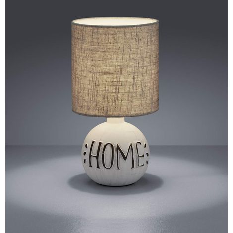LED Tischleuchte Keramik-Sockel Schriftzug HOME Stoffschirm Braun, Höhe 31cm (1/5)