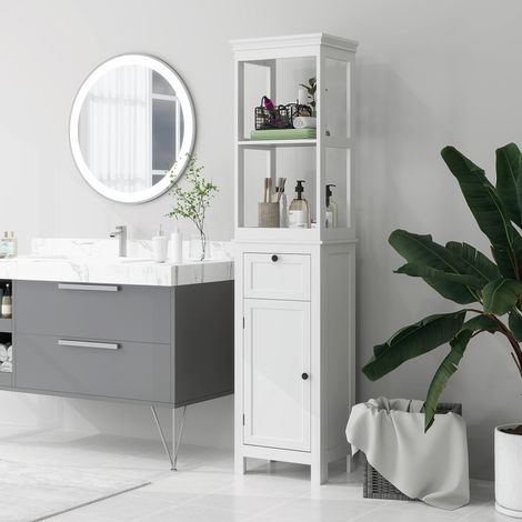 Mobiletto da bagno con cassetto, anta, ripiano regolabile e 2 scomparti, armadio da bagno moderno 40x30x165 cm bianco
