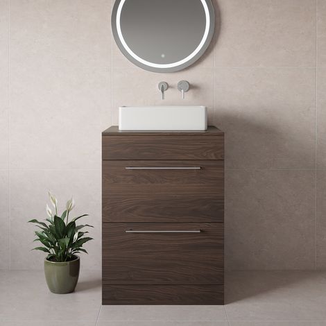 Napoli 460 Brown Oak 600mm 2 Drawer Vanity Unit for Countertop Basins - 600mm - Chrome 320mm Handle