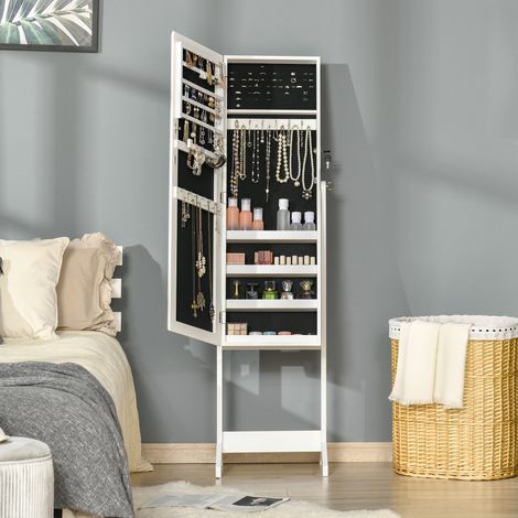 Armoire à bijoux blanche miroir sécurisée, organiseur à bagues, colliers et boucles d'oreilles, rangement de bureau.