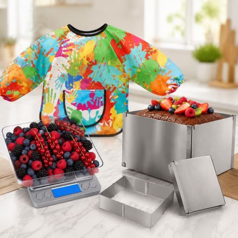 Set da cucina per la preparazione di dolci (3 pezzi) – Stampo per torte regolabile in acciaio, bilancia con display LCD e grembiule impermeabile (1/5)
