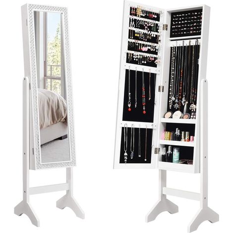 COSTWAY Armoire à Bijoux sur Pied 2 en 1 Rangement pour Cosmétiques avec Miroirs Style Romantique Blanc