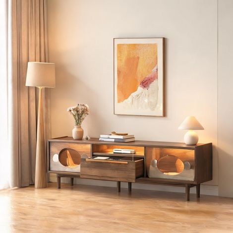 Meuble TV noyer avec éclairage LED et espace chat walnut en MDF (1/5)
