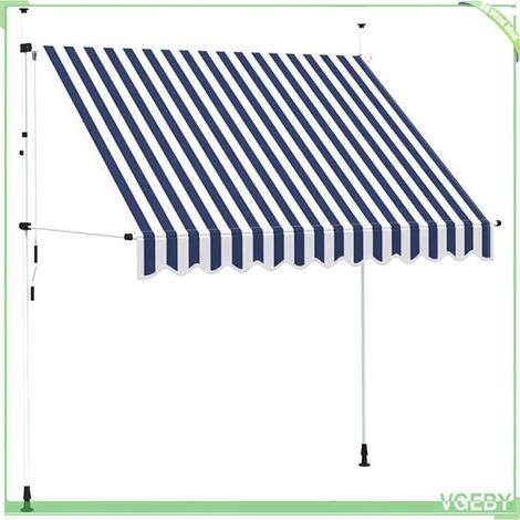 Auvent rétractable manuel - FAFEICY - Rayures - 250 cm - Bleu et blanc - Manivelle réglable (1/5)