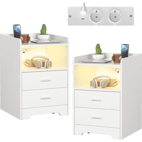 TolleTour 2er Set Nachttische auf 4 Rollen, RGB-Licht mit Musik- und Timerfunktion, 2 Schubladen, offenes Fach, 2 Steckdosen, USB, USB-C, Weiß (1/5)