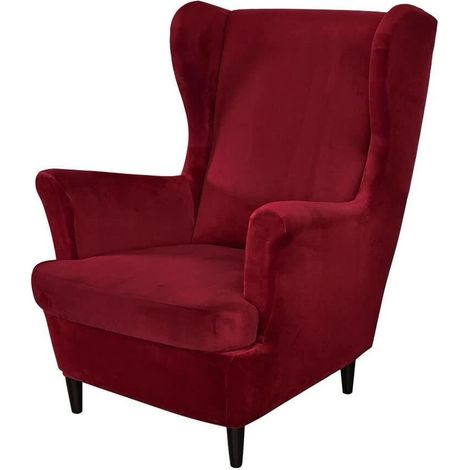 2-teiliger Stretch-Ohrensesselbezug, weicher Samt-Ohrensesselbezug mit elastischem Saum für Schlafzimmer, Wohnzimmer, Plüschsessel und Sofa，Weinrot