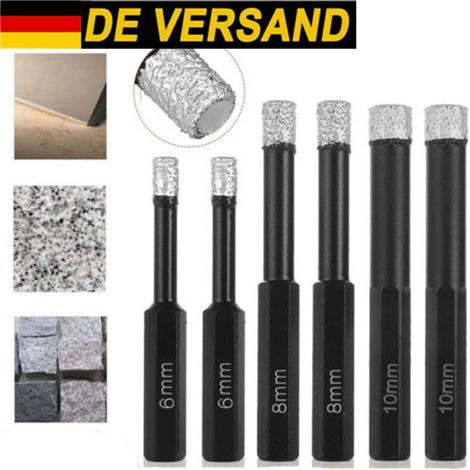 Jeu de 6 forets diamantés Ø6/8/10 mm, queue hexagonale M10, pour grès cérame et porcelaine, usage sec ou humide (1/5)
