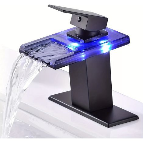 LED washbasin tap - Matte black with heat-sensitive LED lighting, including base and supply hose. (1/4)