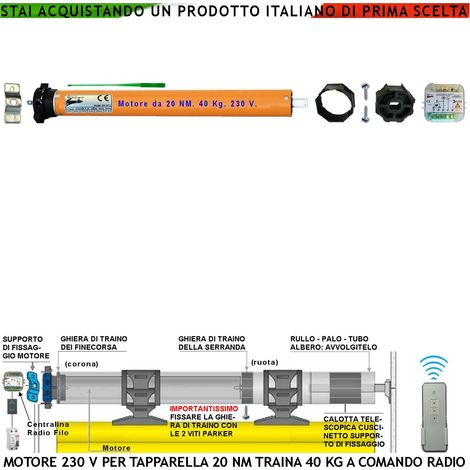 Serranda Avvolgibile 40 KG Kit Motore 230 V 140 W 20 Nm Con Centrale Comando Radio Sistema Blocco Sollevamento Telo Fine Corsa Regolabili Per Tubo Ottagonale Diametro 60 mm Protezione Termica 135°