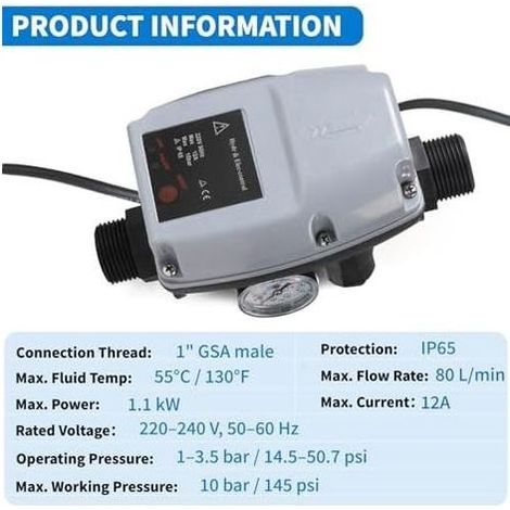 Pressostat Pompe Eau Interrupteur de Pression pour à Manomètre et Câble Inclus Immergée, Centrifuge, Puits Profond, Jardin, Gris Bleu - (1/5)
